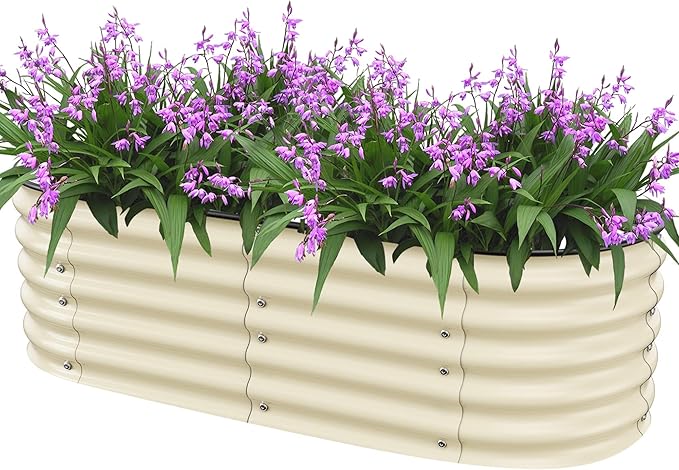 Raised Garden Bed 5x2x1.4 Ft Planter Box Outdoor with Rubber Edge Zinc-Aluminum-Magnesium Stainless Steel Durable Metal Garden Beds Kit for Vegetables, Flowers, Herbs and Succulents（Ivory）