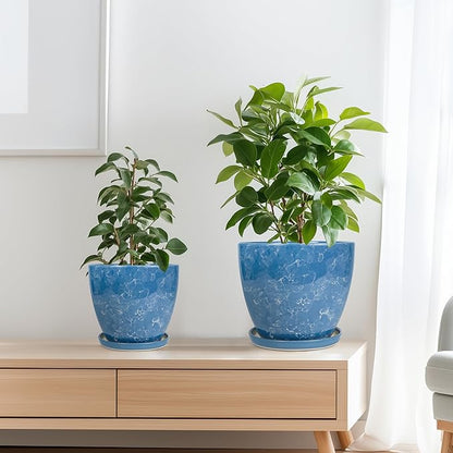 Ceramic Flower Pots - 10 Inch 8 Inch 6 Inch Plant Pots with Drainage Holes and Plant Saucers, Round Modren Planters for Indoor Outdoor, Garden Decor, Gifts for Plant Lovers, Set of 3, Blue