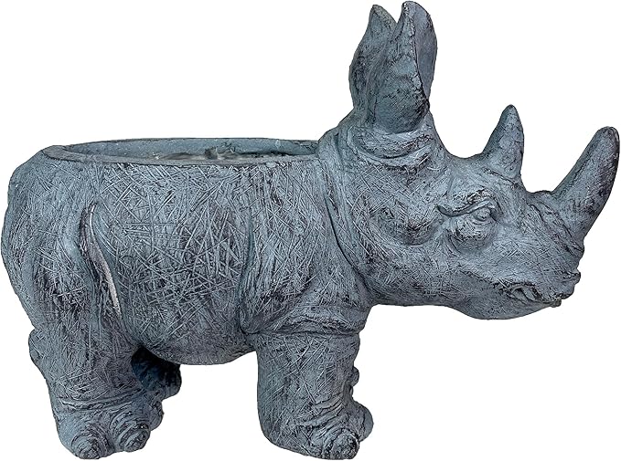 Zeckos Charming Grey Rhino MGO Planter with Drain Holes, 18.5 inches - Weather-Resistant Magnesium Oxide for Garden or Patio Decor - Unique Animal Theme Planter, Perfect for Indoor/Outdoor Use