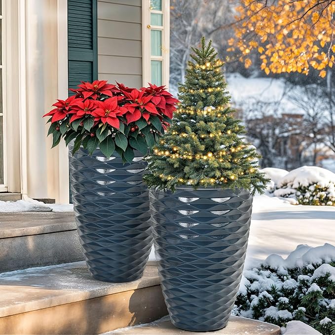 19" H Coastal Planter for Indoor/Outdoor Plants, Set of 2 Large Flower Pot with Drainage Hole, Weather/UV Resistant Resin Planters for Garden Patio Porch Home office Decor, Glossy Navy Blue Wavy