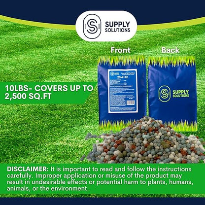 Supply Solutions 25-7-12 Lawn and Turf Fertilizer - 15% Slow Release Nitrogen Lawn Fertilizer for All Grass Types, Shrubs - Turf Builder Plant Food Covers 2,500 sq.ft (10lbs)
