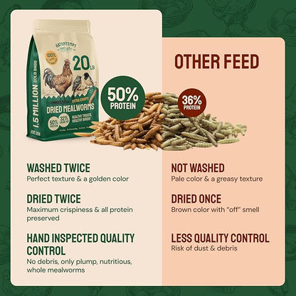 Hatortempt 20lb Dried Mealworms for Chickens - 50% Protein and 32% Essential Fats to Support Healthy Feather Growth During Molt - Organic Treats for Chickens, Ducks, Wild Birds & Reptiles