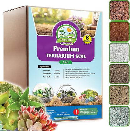 DUSPRO Recycle Premium 6in1 Terrarium Soil Mix – Pre-Mixed Terrarium Substrate Mix for Terrariums, Balanced Moisture Growing Medium with Coco Coir, Peat Moss, Pine Bark, Perlite, Pumice & Zeolite 8QRT