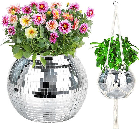 Disco Ball Planter, 1pcs 9” Silver Disco Ball Planter, Disco Ball Plant Hanger with Hanging Rope, Hanging Chain, Hook, Circle and Extra Mirror Pieces