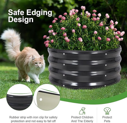 Galvanized Raised Garden Bed- 2Pcs Metal Planter Boxes Outdoor | 12" Tall 24" Round Steel Raised Bed Kit & Fire Pit Ring for Gardening with Protective Tape for Vegetables, Flower (Grey)