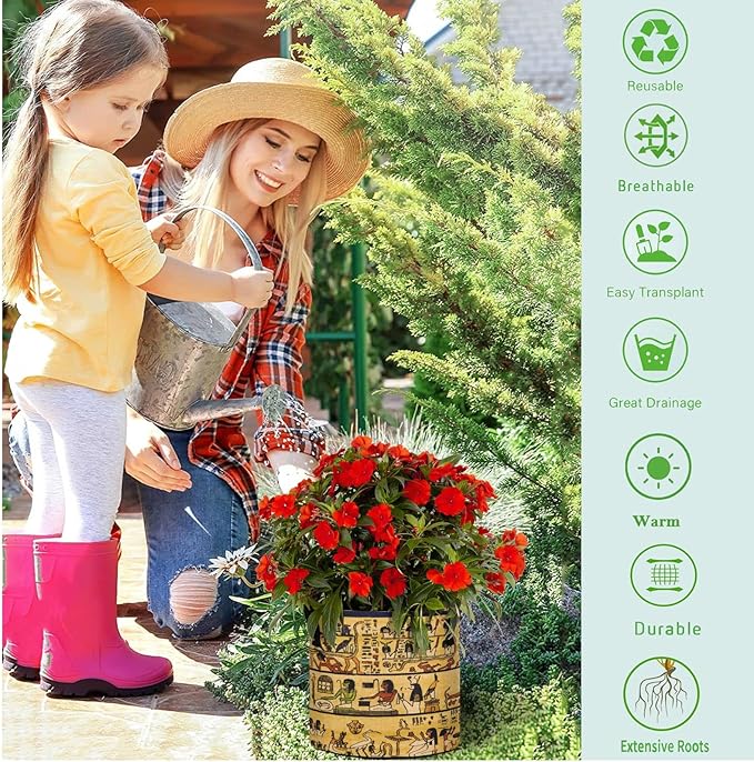 5 Gallon Old Egyptian Papyrus and Hieroglyph Garden Breathable Grow Bag Thickened Heavy Duty Plant Pot Containers with Handles for Potato Tomato Fruits Vegetables Flowers