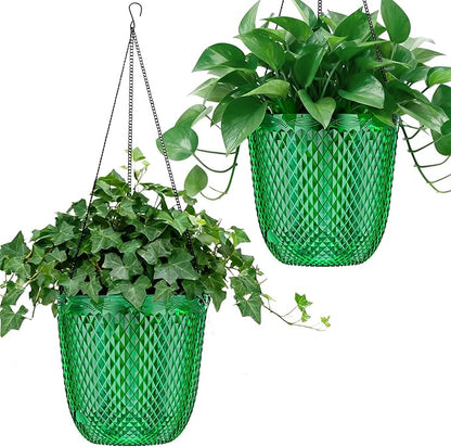 QCQHDU Self Watering Hanging Pots, 2 Pack 7.2 Inch Hanging Planters for Plants Indoor, Outdoor Flower Pots with Drainage Holes and 3 Hooks Chains for Garden Home (Emerald)