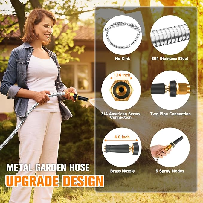 Expandable Metal Garden Hose 50 FT - 304 Stainless Steel Water Hose 50 FT - Lightweight non Kinking Flexible Garden Hose, no Bite