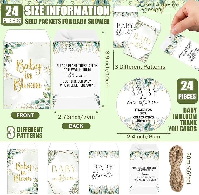 Baby Shower Party Favors Baby in Bloom Envelopes Seed Packets Include 24 Mini Terracotta Pots Seed Packets 24 Self Adhesive Envelopes Thank You Tags Gifts for Party(Greenery)