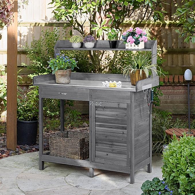 Topeakmart Garden Potting Bench Wooden Workstation Outdoor Wooden Potting Table W/Top Shelf & Lower Shelf & Cabinet Drawer & Open Shelf Gray