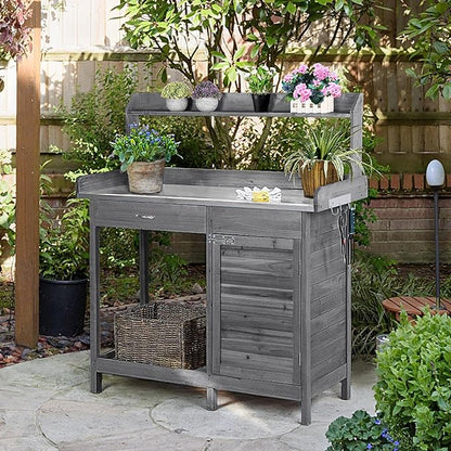 Topeakmart Garden Potting Bench Wooden Workstation Outdoor Wooden Potting Table W/Top Shelf & Lower Shelf & Cabinet Drawer & Open Shelf Gray