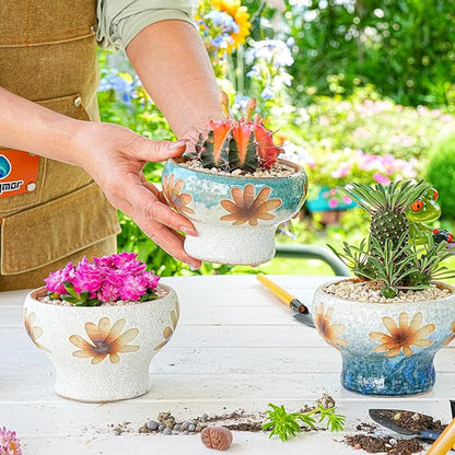 Sungmor Small Succulent Planters Set of 3, Beautiful Hand Crafted Ceramic Plant Pots Cute Cactus Pot, 4.9 Inch Flower Pots for Indoor Plants with Drainage, Desktop Windowsill Home Office Decor Pots