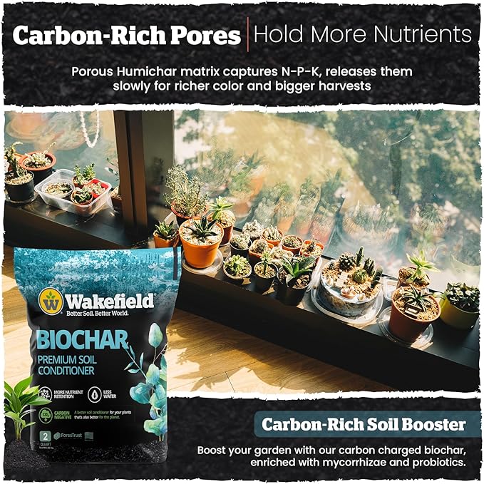 Wakefield Premium Organic Biochar Soil Amendment & Soil Conditioner Certified Carbon-Negative Nutrient-Locking, Water-Efficient Bio Char for Plants & Lawns - Soil Amendments for Lawn - 2 Quart