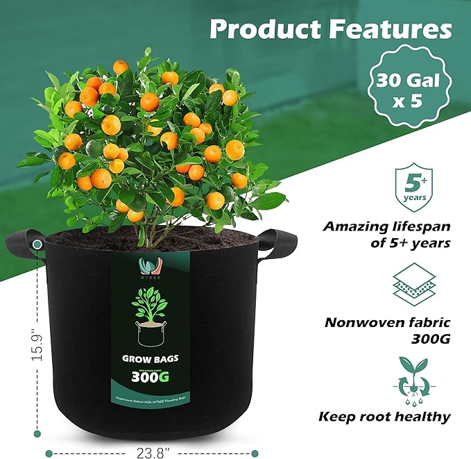 5-Pack 30 Gallons Grow Bags - Heavy Duty 300G Thickened Aeration Nonwoven Fabric Pots with Handles - Ideal Cloth Pots for Plants - Planters Accessories, Garden Vegetables Supplies