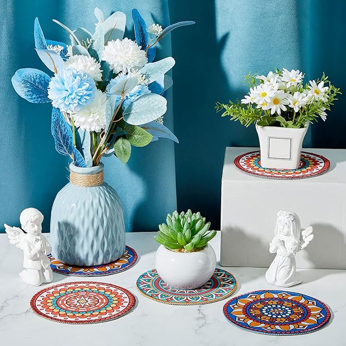 6 Pcs Boho Plant Pot Mat Absorbent Non Slip Round Pot Coaster Pad Gardening Indoor Outdoor Flower Plant Protect for Table Desk Floor, 5.9 Inches