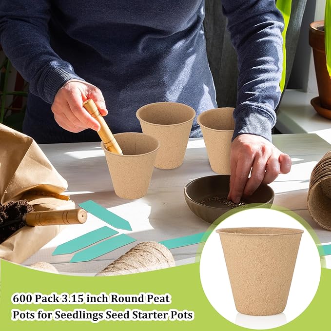 600 Pack 3.15 Inches Peat Pots Round Biodegrade Plant Starter Seed Nursery Pots with 120 Pcs Labels for Garden Germination (Classic Style)