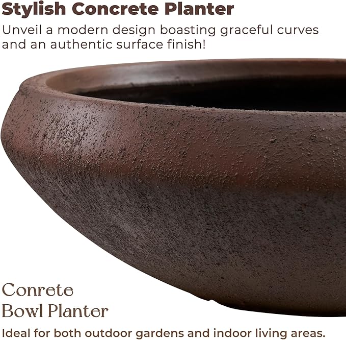 Concrete Lotus Bowl Planter 19"Dia x 6.3"H Large Succulent Pot with Drainage Hole & Plug, 16.7" Opening Low Planters for Indoor Outdoor Plants, Home, Patio, Garden, Weathered Concrete, Medium-Rust