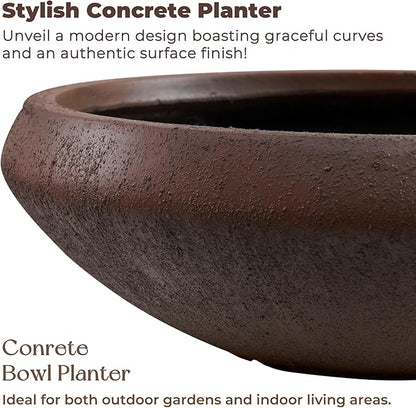 Concrete Lotus Bowl Planter 19"Dia x 6.3"H Large Succulent Pot with Drainage Hole & Plug, 16.7" Opening Low Planters for Indoor Outdoor Plants, Home, Patio, Garden, Weathered Concrete, Medium-Rust