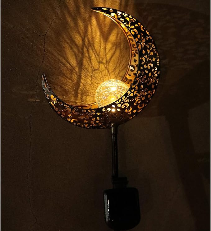 Starryfill Moon-Shaped Garden Solar Lights, Outdoor Bronze Metal Waterproof Stake with Crackle Glass Globe Warm White LED for Pathway Lawn Patio or Courtyard