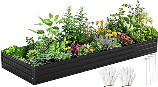 DWVO 12 x 4 x 1 FT Raised Garden Bed Kit, Outdoor Galvanized Flower Bed with Safety Rubber and Gloves, Large Metal Planter Box for Vegetables, Flowers, Herbs, Fruits, Black