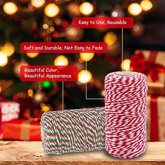 2 x Christmas Cotton Twine, 2 mm 100 m Green and Red and White Cotton Twine for Christmas Gift Packaging, Baking, Cooking, DIY and Decoration