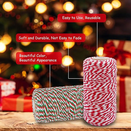 2 x Christmas Cotton Twine, 2 mm 100 m Green and Red and White Cotton Twine for Christmas Gift Packaging, Baking, Cooking, DIY and Decoration