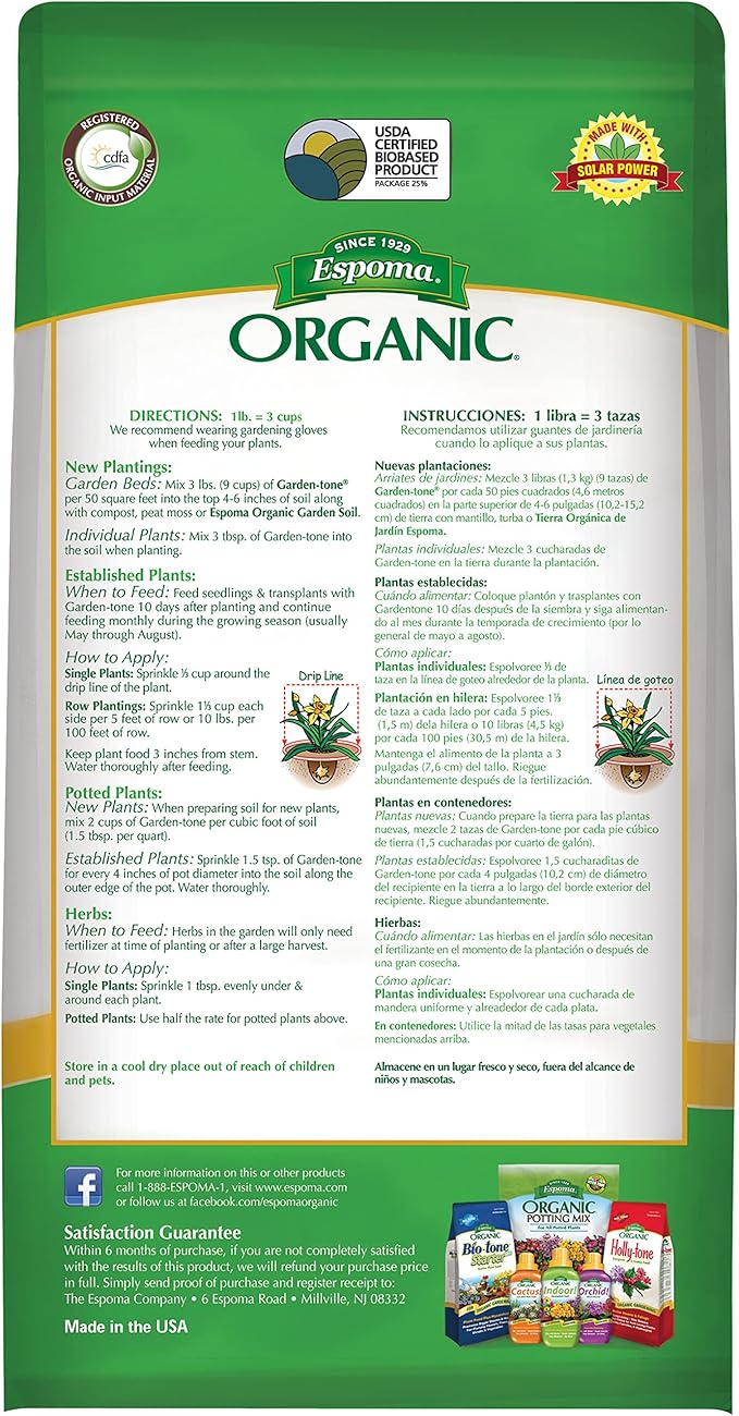 Espoma Organic Garden-Tone 3-4-4 Organic Fertilizer for Cool & Warm Season Vegetables and Herbs. Grow an Abundant Harvest of Nutritious and Flavorful Vegetables – 4 lb. Bag.
