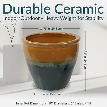 Sunnydaze Round Ceramic Planter - Set of 2 Indoor or Outdoor Plant Pots with Drainage Hole - Chalet - 12" - Forest Lake Green Glaze