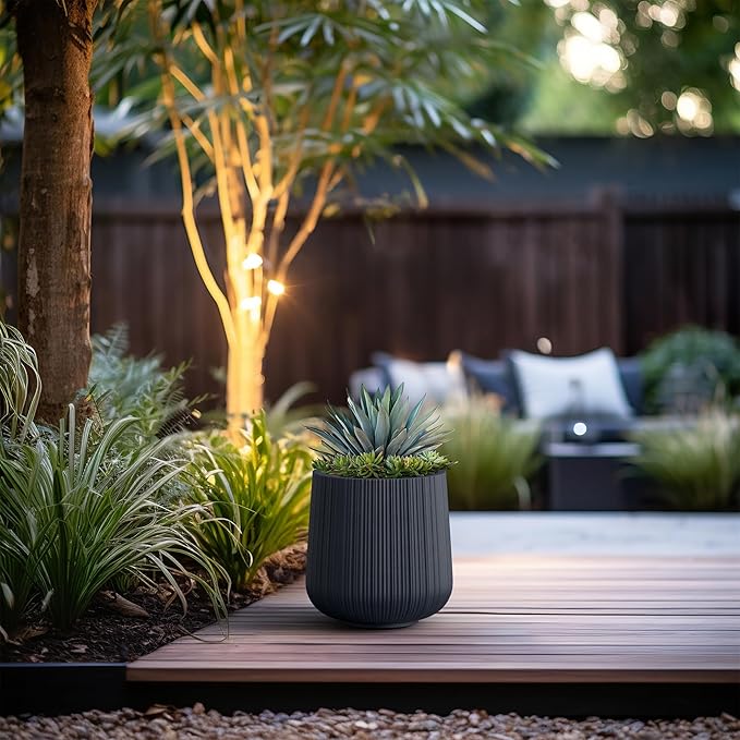 Kante 13.0" Dia Round Fluted Concrete Planter, Large Plant Pot with Drainage, Smooth Charcoal Finish with Painted Interior, for Indoor and Outdoor Use