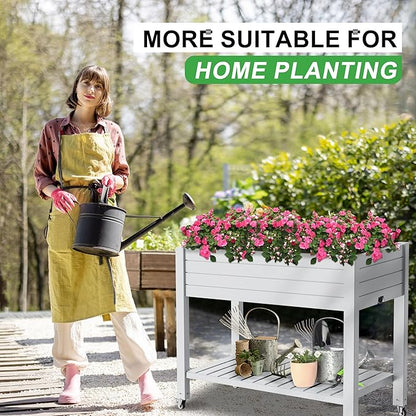 Raised Garden Bed with Legs, 33.66" Tall Self-Watering Resin Planter Box with Lockable Wheels Drainage Plug and Gauge for Vegetables, Flowers, Storage Shelf for Tools and Accessories (Ashen)