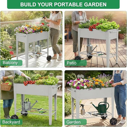 Elevated 32" Tall Raised Garden Bed with Legs and Wheels for Mobility, Metal Planter Boxes Outdoor with Shelf, Raised Bed for Gardening Vegetables/Herbs, Backyard, Patio, Balcony, Grey