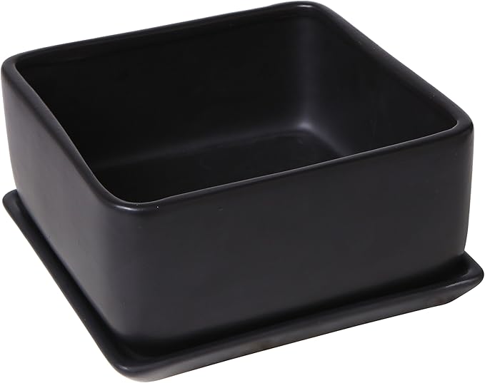 MyGift Modern Black Ceramic Square Indoor Small Planter, Flower Succulent Plant Pot with Drainage Hole and Removable Drip Tray