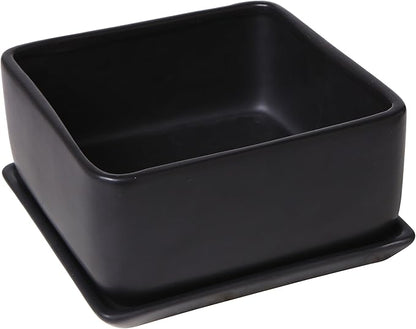 MyGift Modern Black Ceramic Square Indoor Small Planter, Flower Succulent Plant Pot with Drainage Hole and Removable Drip Tray