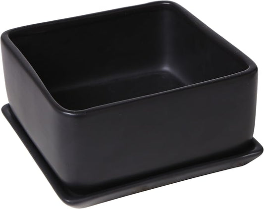MyGift Modern Black Ceramic Square Indoor Small Planter, Flower Succulent Plant Pot with Drainage Hole and Removable Drip Tray