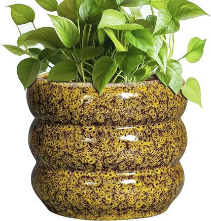 SQOWL Ceramic Planter - 8 Inch Indoor Plant Pot with Drainage Hole, Round Planter for Outdoor Plants, Ceramic Flower Pots, Bubble Planters, Home Room Porch Decor, Plant Lover Gifts, Yellow