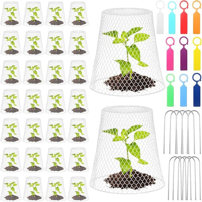 Geosar 30 Pcs 9 inch Chicken Wire Cloche Plant Protector Cover Metal Garden Cloche Dome for Plants Chicken Wire Protection Basket with Garden Stakes for Avoiding Rabbit Bird Small Animals Eat (White)