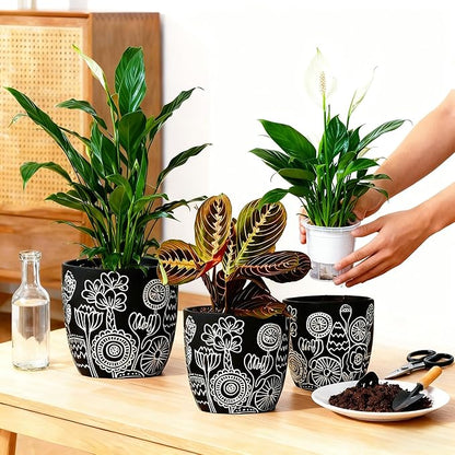 Terracotta Pots, 6.5+5+4.4 Inch Plant Pots with Drainage Hole- Floral Pattern, Black Boho Ceramic Planters for Indoor Plants, Flower Pots Indoor Succulents, Herbs Plants,Set of 3