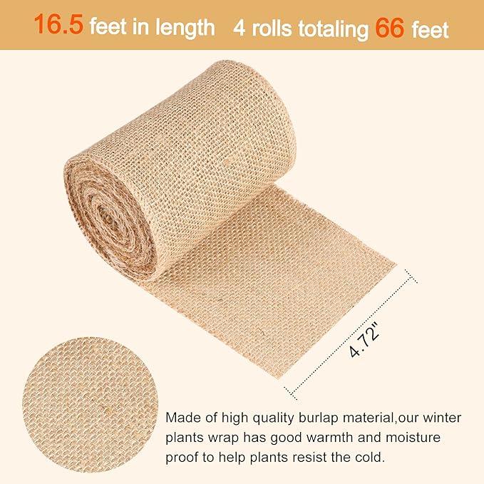 Natural Burlap Tree Wrap Burlap Rolls for Gardening Tree Trunk Wrap Fabric Tree Protector Burlap Wrap Plants Bandage for Keeping Warm and Moisturizing (4 Rolls,4.7 Inches Width)