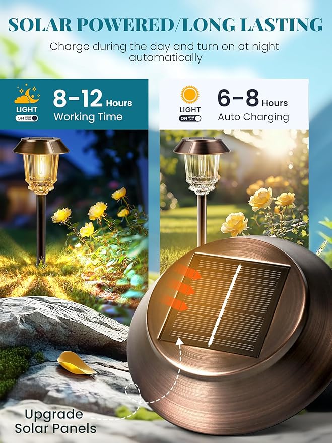 Solar Lights Outdoor Waterproof,6 Pack Bronze Pathway Lights with 10-40 LM Dimmable Glass and Metal, Solar Powered Garden Fall Decor for Yard,Patio,Pathway,Driveway(Warm White)