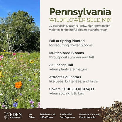 Eden Brothers Pennsylvania Wildflower Mixed Seeds for Planting, 5 lbs, 2,400,000+ Seeds with Coreopsis, Lupine | Attracts Pollinators, Plant in Spring or Fall, Zones