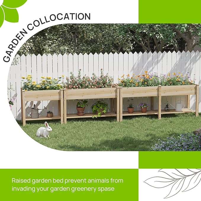 Raised Garden Bed, Planter Box with Storage Shelf, Elevated Wooden Box with Legs, Garden Planter for Backyard, Patio, Balcony, Natural Wood, 72x24x30.7inch (Natural, L)