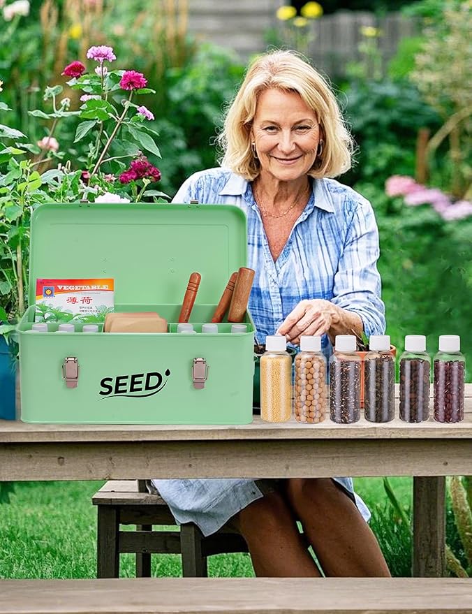 Seed Storage Organizer, Metal Seed Storage Box with Lid and Safety Locks, Seed Bin Packet Container with 12 Seed Bottles, 20 Seed Envelopes, Funnel, Marker Pen and Label Stickers