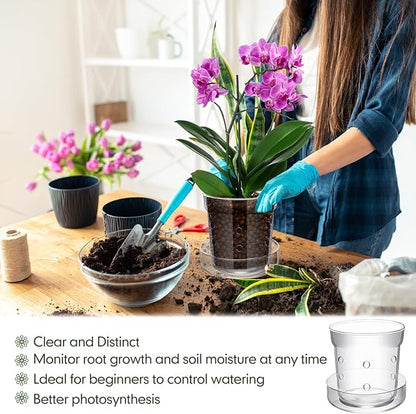 Baderke 1 Pcs Orchid Pot with Drainage Holes and Tray Transparent Glass Pot Planter for Orchids Flower Repotting Anti Slip Glass Plant Vase for Indoor Outdoor Home Decor (6 Inch)