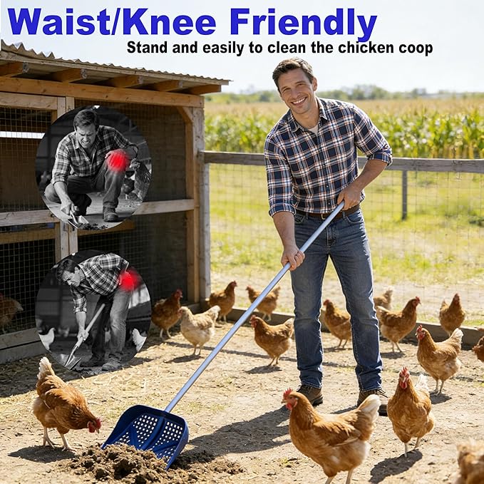 11.8inch Heavy Large 2-in-1 Chicken Poop Scooper & Rake,Adjustable Aluminum Handle（20–61"） Chicken Coop Scoop– Litter Scoop Sand & Sifting Shovel for Chicken Coops Shoveling Snow(Green)