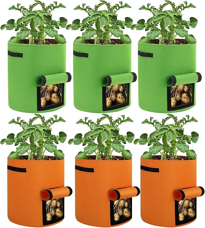 6 Pack Potato Grow Bags, 10 Gallon Planting Bags Large Fabric Pots with Flap Window Vegetable Planter Garden Pot Tall Potato Growing Containers with Handles for Vegetables, Fruits, Green + Orange