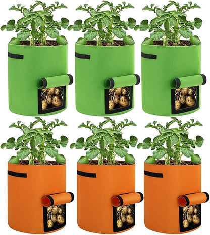 6 Pack Potato Grow Bags, 10 Gallon Planting Bags Large Fabric Pots with Flap Window Vegetable Planter Garden Pot Tall Potato Growing Containers with Handles for Vegetables, Fruits, Green + Orange