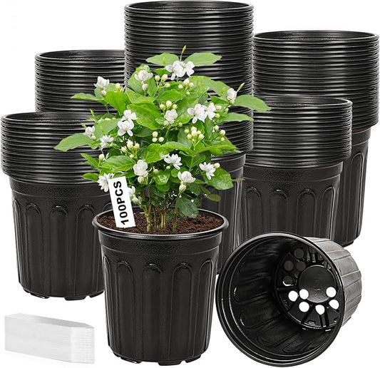 100-Pack 1 Gallon Nursery Pots, Thickened Pots for Plants with Drainage Holes, Large Plastic Flower Pots for Seedlings, Succulents, Transplanting, Come with 100pcs Plant Labels