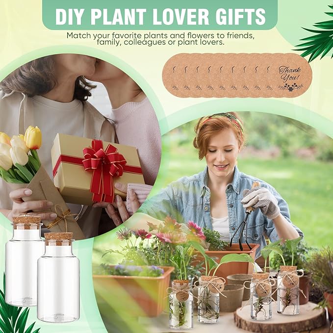 Baderke 24 Pack 4.84'' Plastic Plant Propagation Stations with Hole Lid Planter Vase Clear Propagation Jars with Thank You Tags for Plant Lover Gifts for Women Office Home Garden