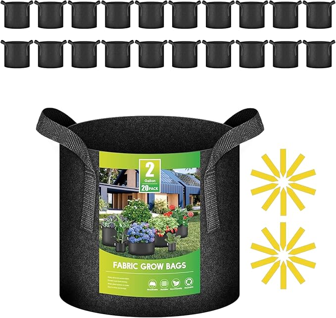 iPower 20 Pack 2 Gallon Grow Bags, Garden Planting Nonwoven Fabric Pots, Heavy Duty and Aeration Planter Pot with Reinforced Handle for Vegetables, Fruits and Flowers, Black