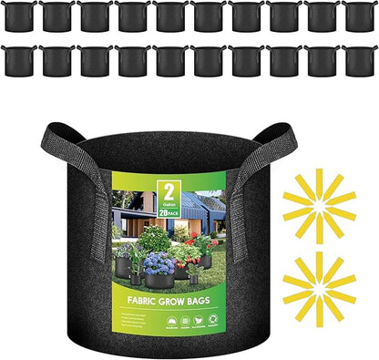 iPower 20 Pack 2 Gallon Grow Bags, Garden Planting Nonwoven Fabric Pots, Heavy Duty and Aeration Planter Pot with Reinforced Handle for Vegetables, Fruits and Flowers, Black